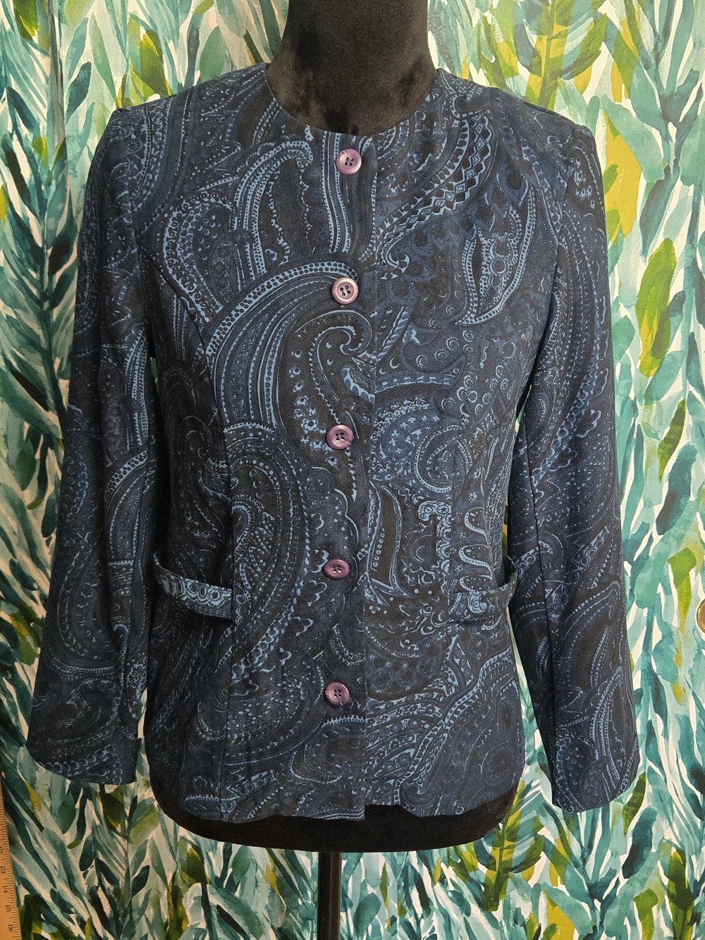 Vintage Notations Petites Blue Paisley Moleskin Blazer Jacket Size PS